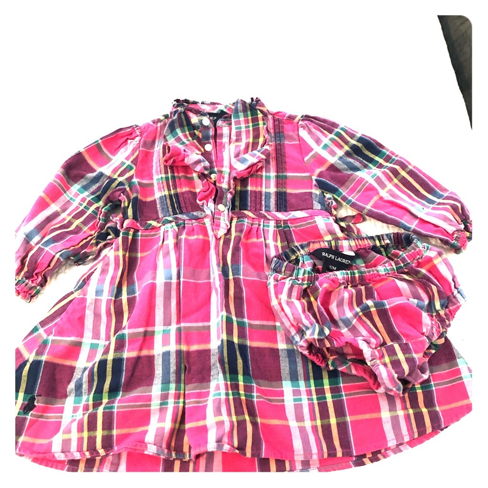 Plaid ruffle front dress with matching bloomers